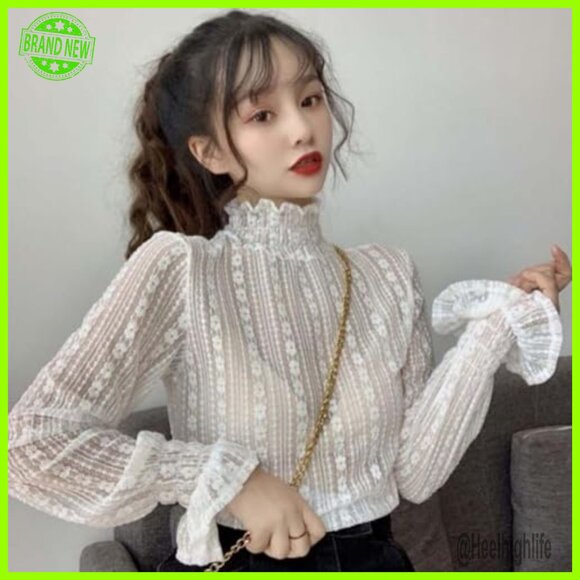 Sheer Lace Blouse Long Sleeve Mock Neck Floral Top Layering - Picture 7 of 7